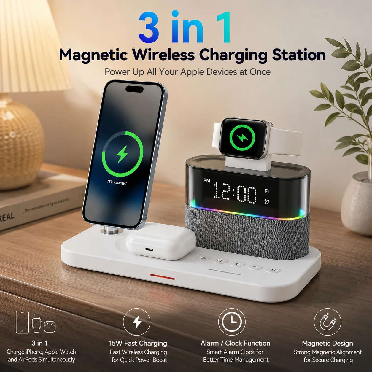 15W 5in1 Wireless Charger Magnetic Qi Fast Charger for iWatch Samsung Compatible Mobile Phone Accessories