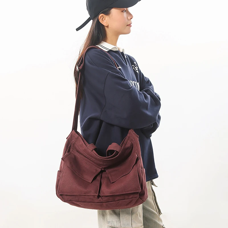 حقيبة نسائية كبيرة من القماش حقيبة صديقة للبيئة حقيبة ساعي كورية Y2K حقيبة كتف كروس للمتسوقين حقيبة مورس للجنسين جيوب حقائب يد عتيقة