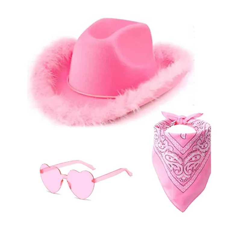 Disco Cowboy Women Bachelorette Party Pink Hat with Feather Bandana Glasses Western Cowgirl Cosplay Carnival Costume Kerchief