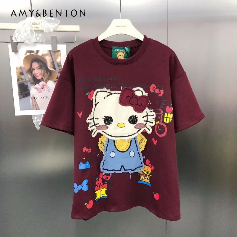 

Винтажный пуловер с нашивкой из бисера и рисунком, футболка с принтом, свободная универсальная футболка с короткими рукавами для женщин, Y2k, кавайная одежда