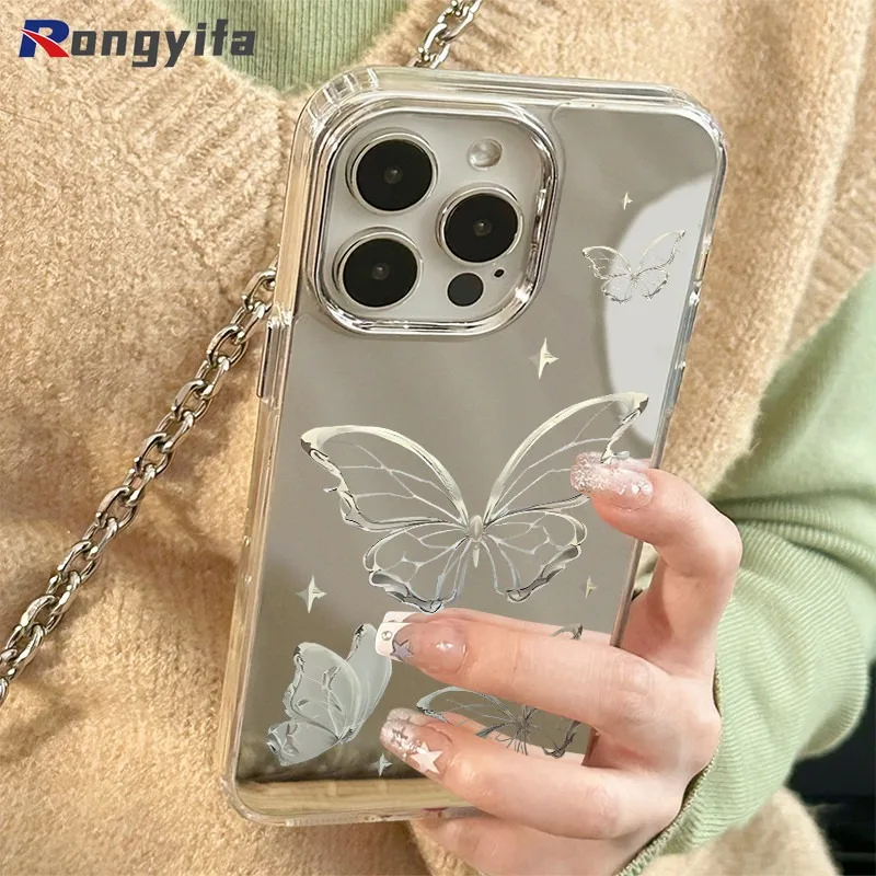 Etui na telefon iPhone 15 14 Plus 13 12 11 Pro Max XS Max XR X 8 7 Plus SE Metal Butterfly Mirror Electroplated Soft Cover