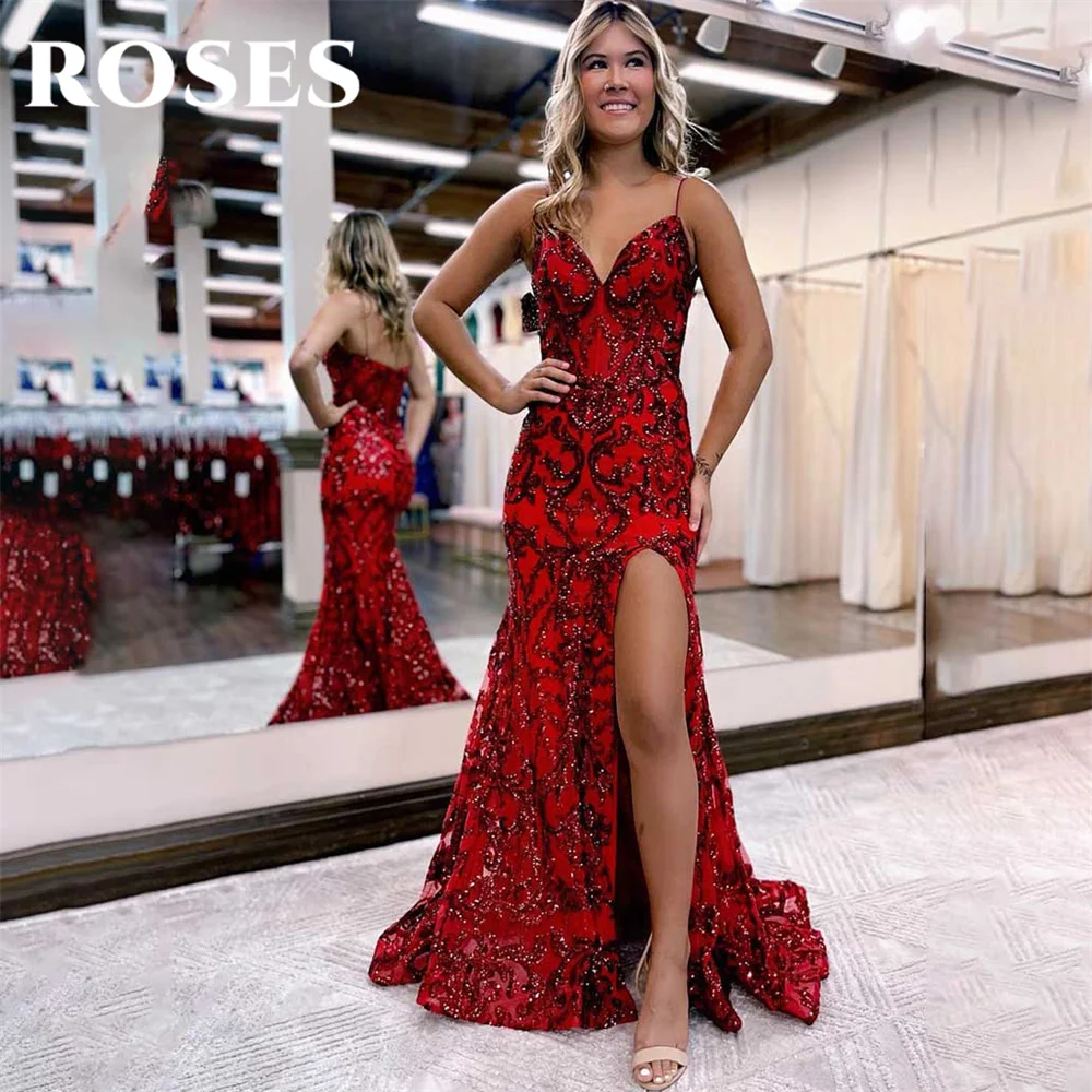 

ROSES Sexy Red Evening Dress Spaghetti Strap Mermaid Party Dress with Pleats Satin Vestido De Novia Sexy Sleeveless Prom Dresses