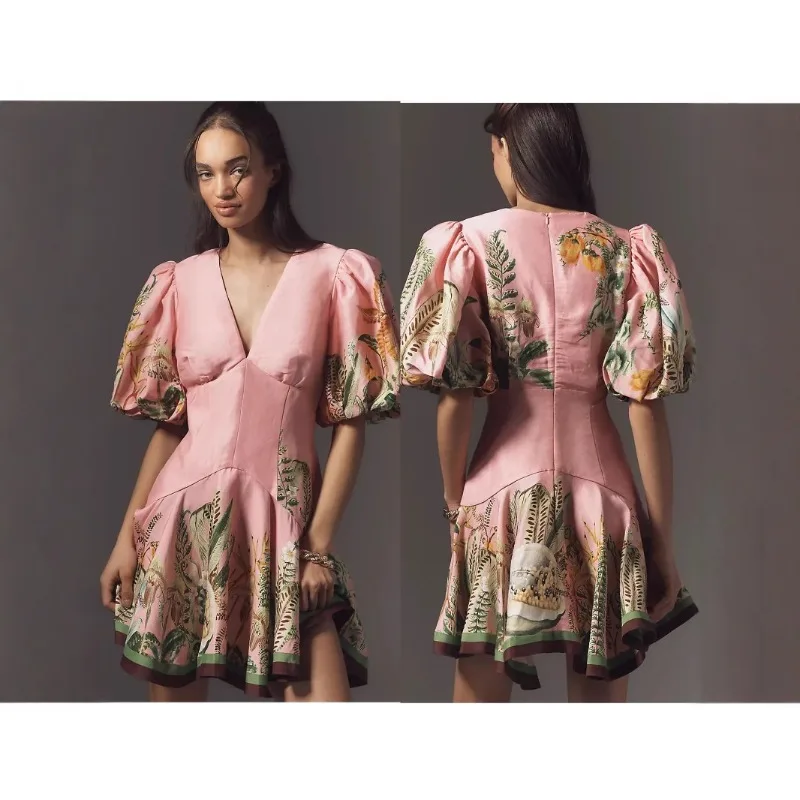 

2025 New Australia Design Elegant Casual Waist Cotton Linen Print Holiday Dress
