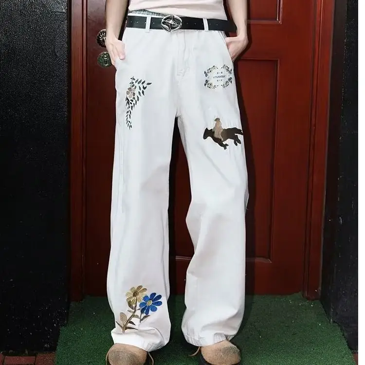 

Американские ретро белые джинсы с цветочной вышивкой для мужчин и женщин, уличные расклешенные свободные прямые брюки для пар