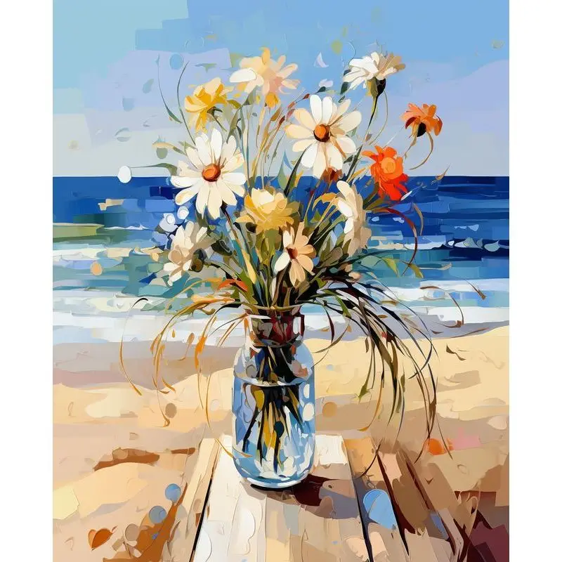 

PhotoCustom Acrylic Paint By Numbers Seaside Vase Landscape Painting By Numbers Wall Art Handicraft For Living Room Home Decorat