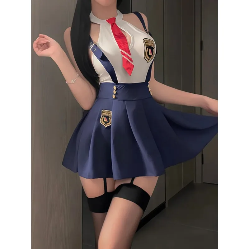 Sexy Student Skirt Sets Hanging Neck Tie JK Campus Short Backless Deep V Suspenders Sleeveless Skirt Sets For Women Elegant EMYH