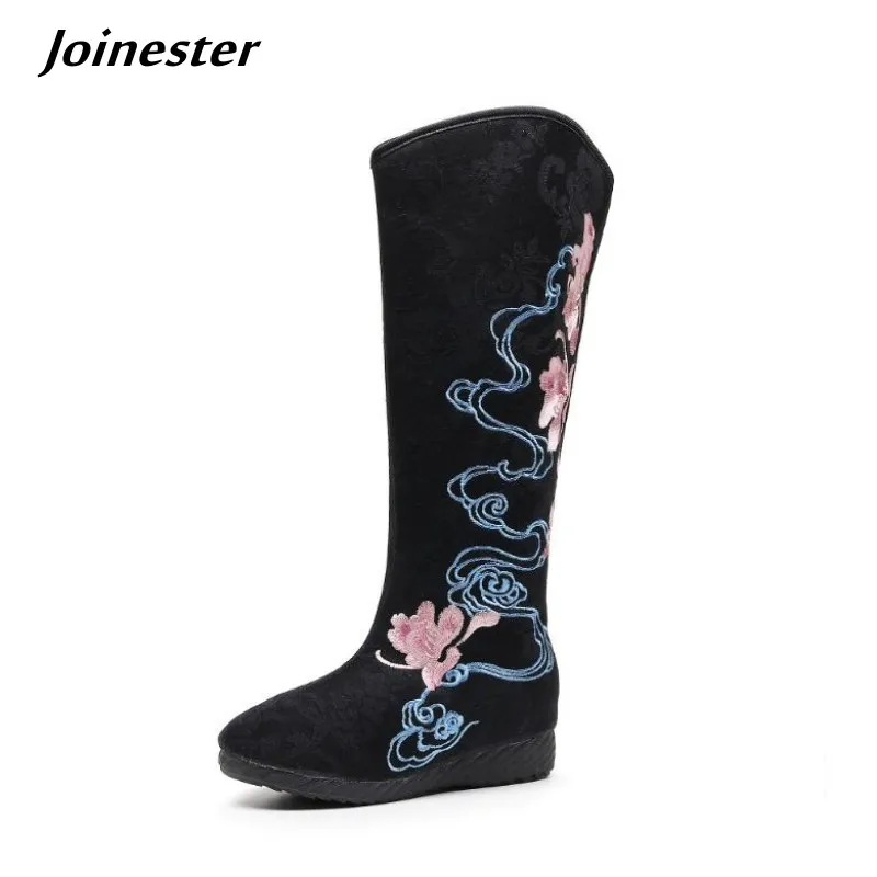 Women Round Toe Embroidered Winter Long Boots Chinese Ethnic Style Side Zip Mid-Calf Booties Ladies Autumn Spring Fashion Boot