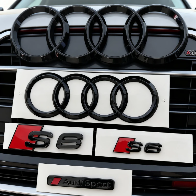 

For AUDI S6 2020-2023 1PC 4Ring logo ABS Black Car Hood Front Grill Emblem Rear Trunk Badge Sticker 2P S6 1P Audi Sport