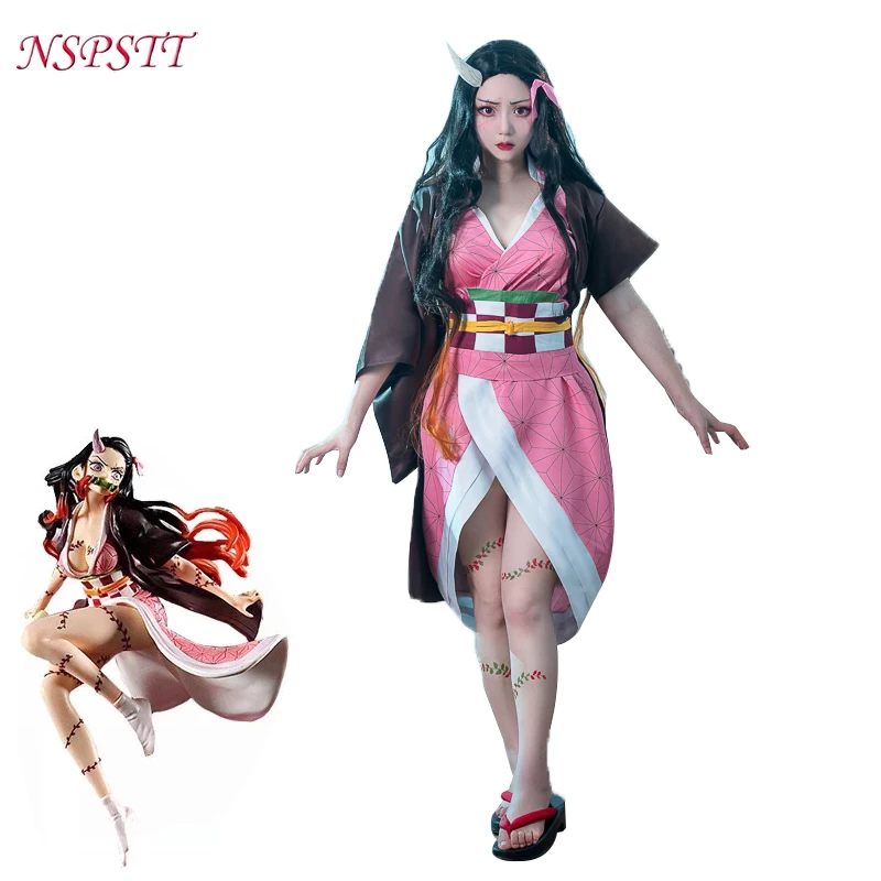 NSPSTT-Disfraz de Cosplay de Kamado Nezuko para mujer, conjunto completo de Kimono, Demon Slayer Kimetsu no Yaiba Kamado Nezuko