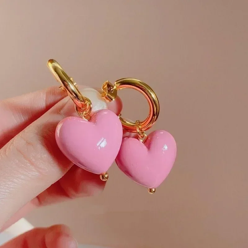 Fashion Girl\'s Vintage Sweet Pink Heart Pendant Earrings Freshwater Pearl Contrast Earring Design Candy Color Heart Necklace