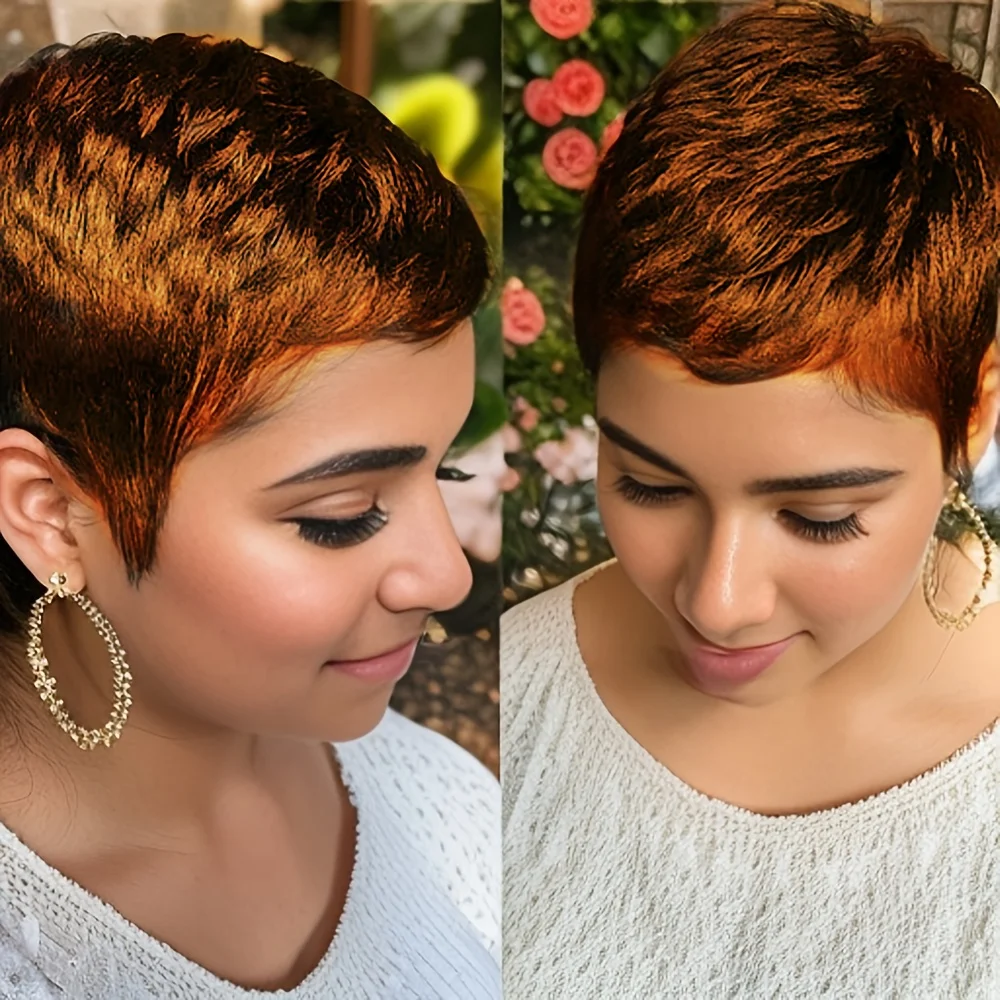 픽시 컷 스트레이트 가발 여성용 100% 인모 머신 메이드 천연 헤어라인