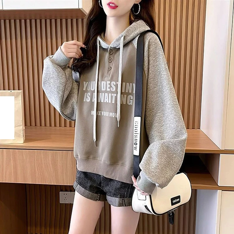 

Fashion Printed Letter Spliced Loose Hoodies T-Shirts Female Clothing 2024 Autumn New Oversized Korean Tops Casual T-Shirts