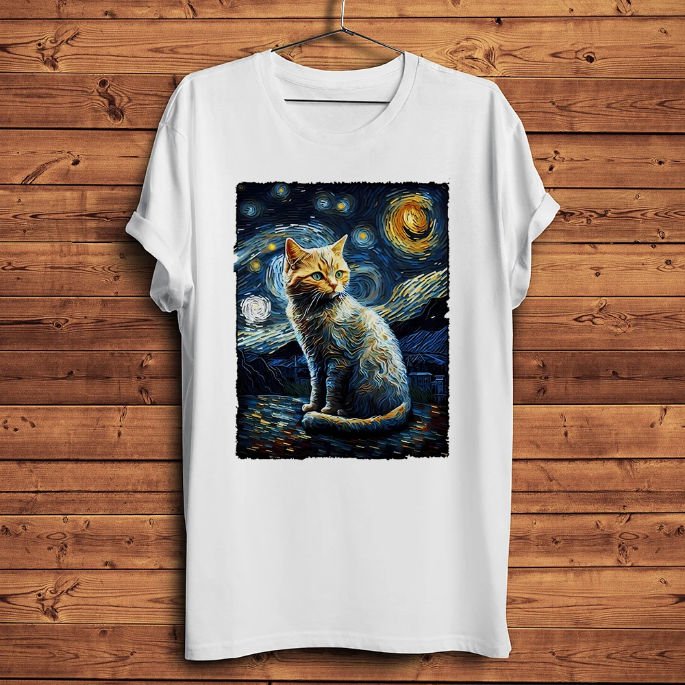 Cat In Van Gogh Starry Night Funny Artistic TShirt Men Homme Short Sleeve Casual Tee Unisex Streetwear T Shirt Breathable