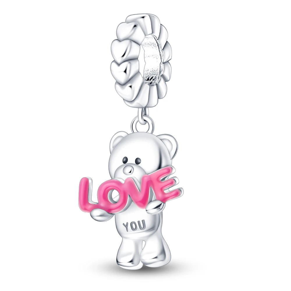 

Romantic 925 Sterling Silver Pink Bear With Love Dangle Charm Fit Pandora Bracelet & Necklace Women Wedding Party Pendant