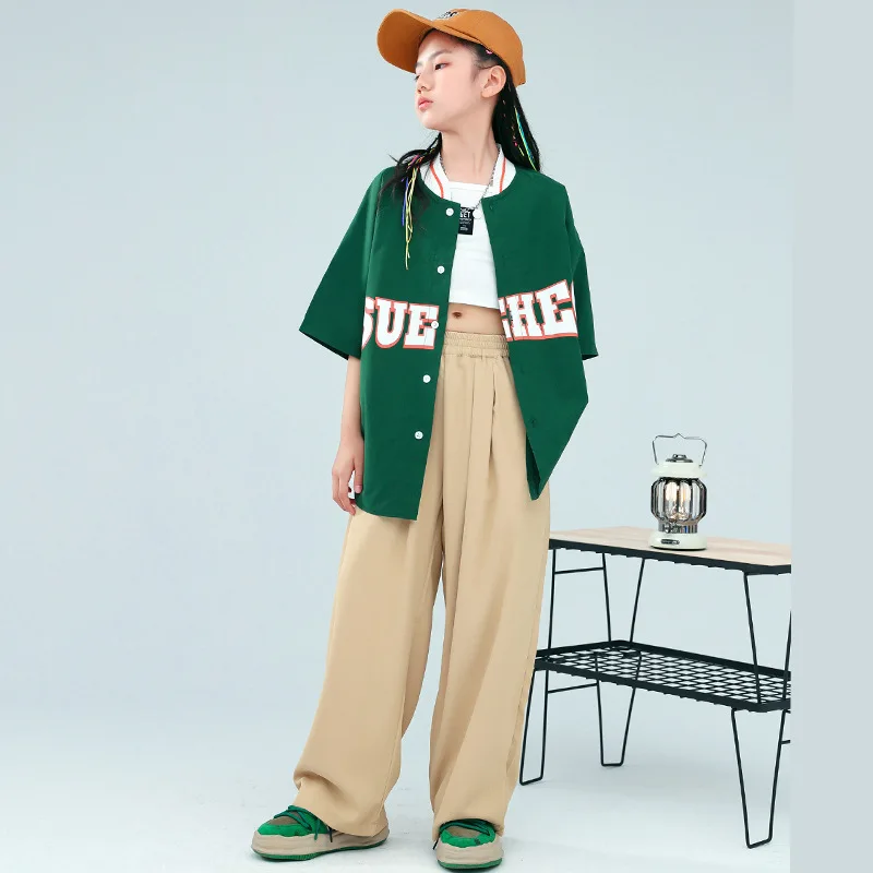 Kinder Hip Hop Kleidung Dunkelgrün Übergroße Strickjacke Baseball Shirt Top Khaki Breite Casual Hosen für Mädchen Jungen Tanz Kostüm Kleidung