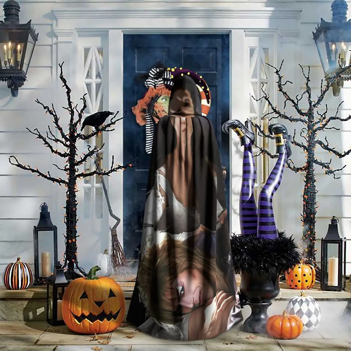 Jareth ملك العفاريت الوقاية في متاهة طويلة مقنعين عباءة ساحرة القرون الوسطى زي تأثيري كيب حفلة الهالوين للجنسين