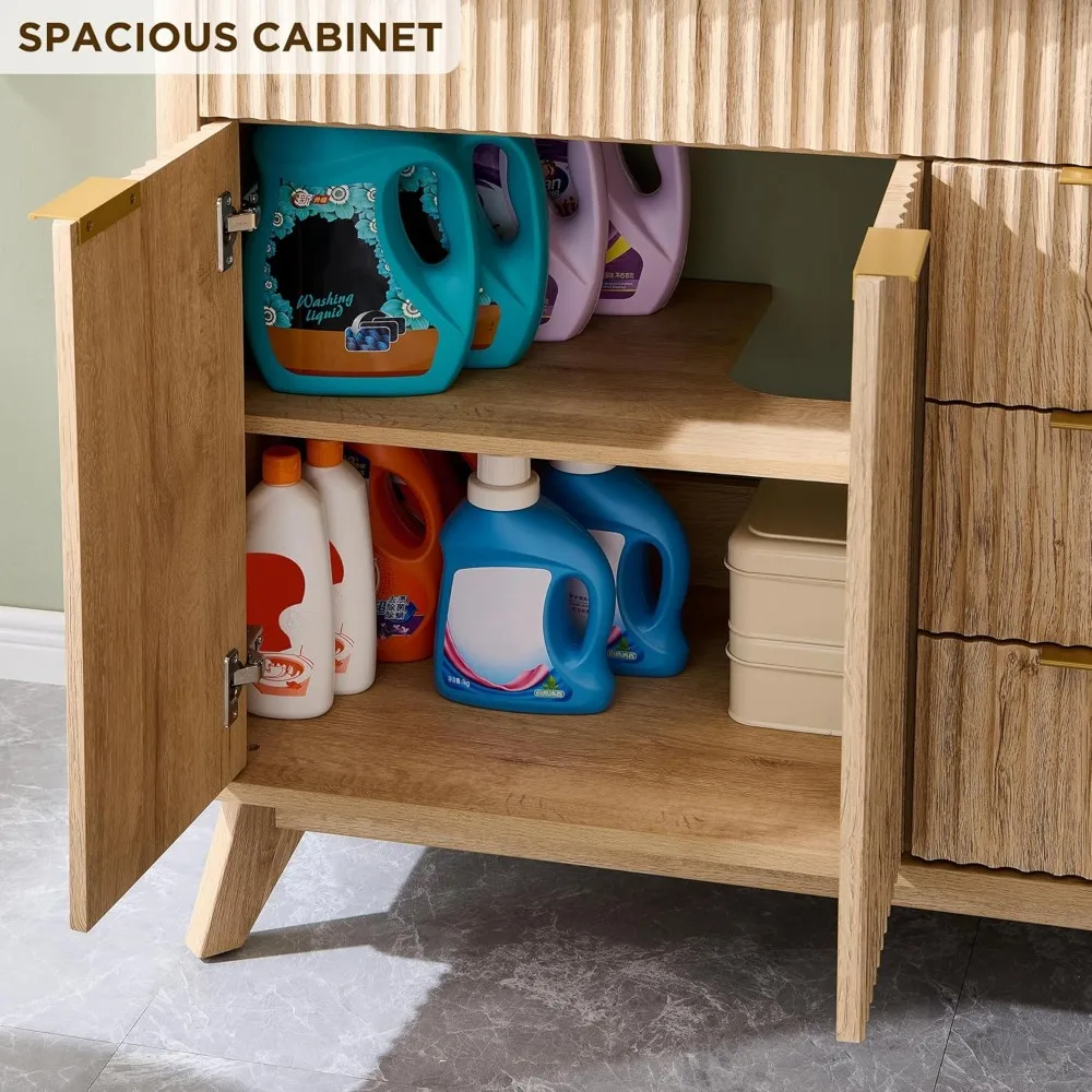 36 inch modern fluted vanity with ceramic sink and soft-close storage cabinet