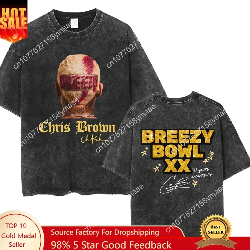 

Rapper Chris Brown Breezy Bowl XX Tour Washed T Shirt Hip Hop Vintage Music Men Women Women T-shirts Loose Cotton T Shirts Stree