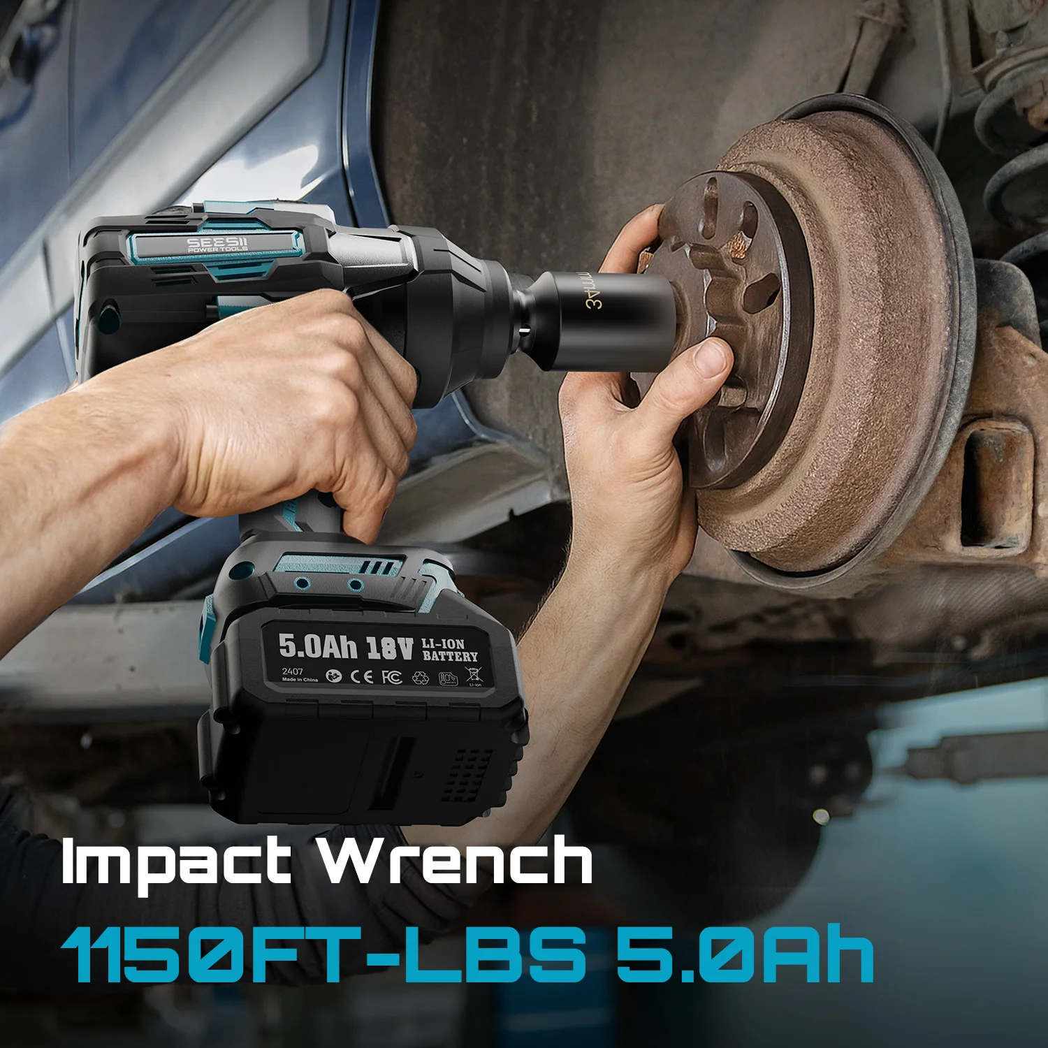 SEESII WH1000 1600Nm Cordless Impact Wrench Kit 3/4' High Torque Electric Impact Gun with 2x5.0Ah Batteries LED Light for Truck Heavy-Duty