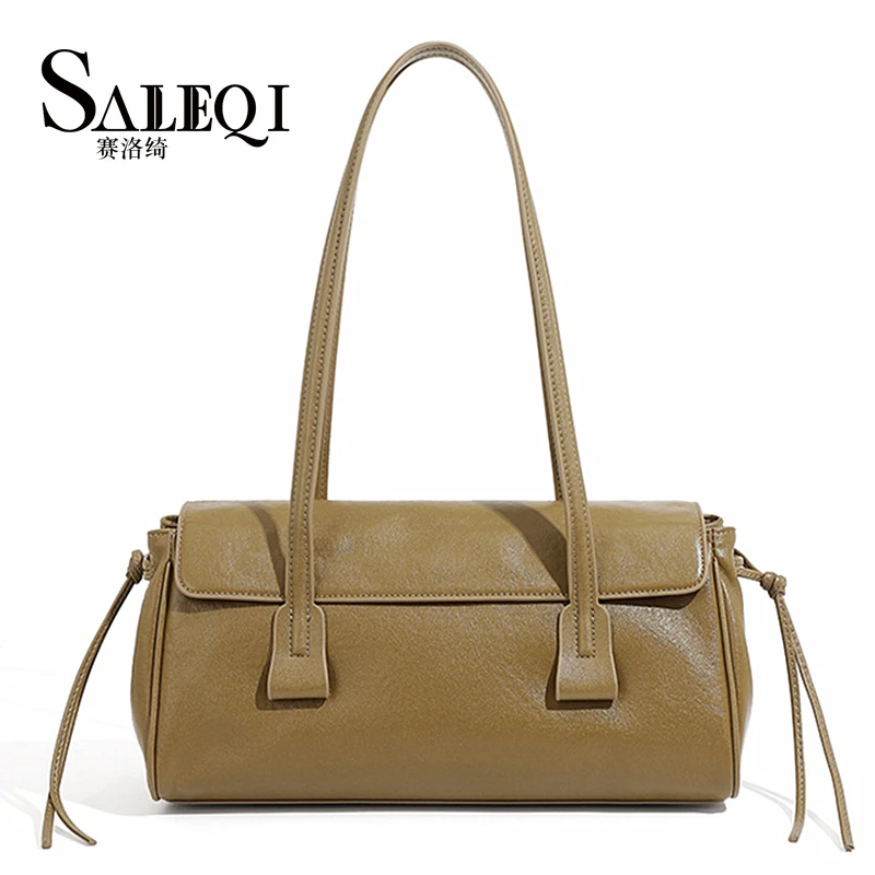 

Genuine Grade Leather Women's Shoulder Bag Large Capacity Cowhide Luxury Designer Brand Handbag Long Strip Baguette Bag Female