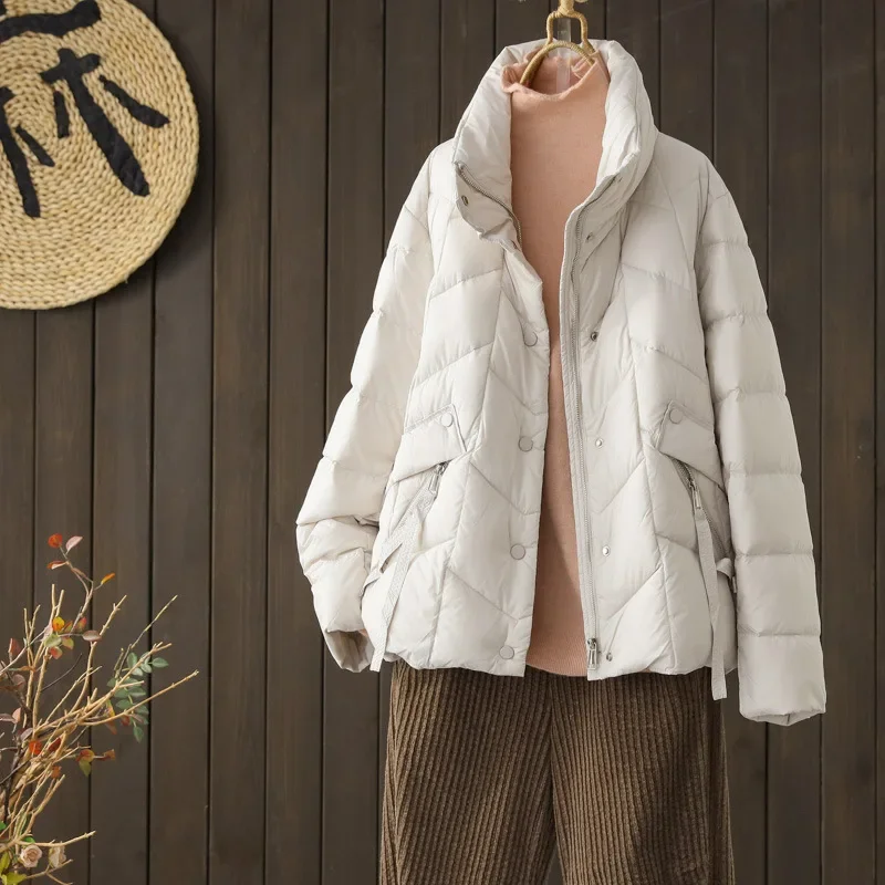 Winter Autumn Women Down Girl Designer 90% White Duck Down Coat Puffer Stripe Jacket Turndown Collar Slim Plaid Outwear