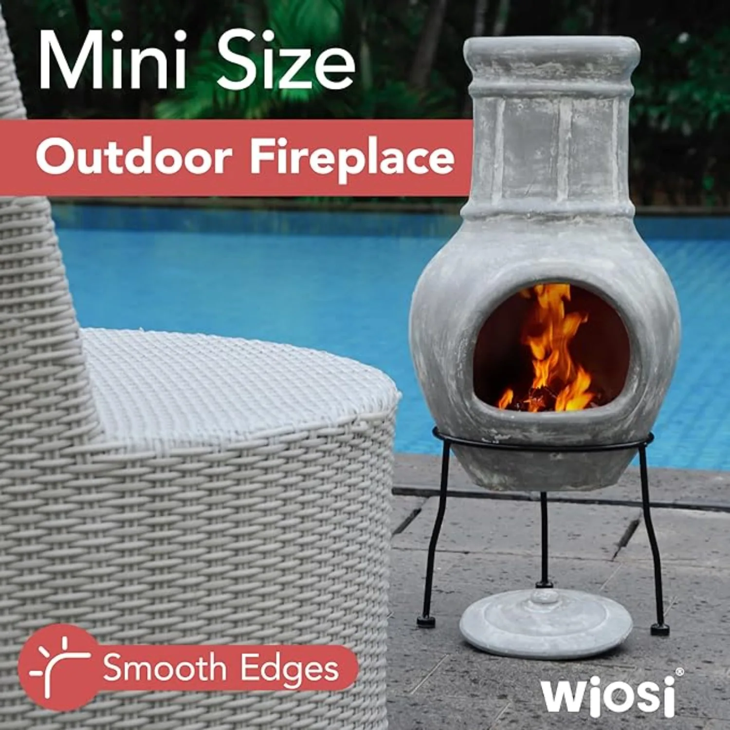 Small Chiminea Outdoor Fireplace Grey –Clay Chimineas with Chimney Rain Lids and Solid Metal Stands - Mini Terracotta Chimenea