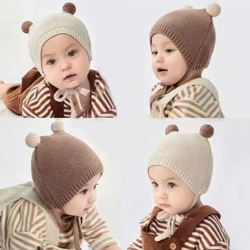 

Cute Pom Pom Baby Knit Hat 2023 Children's Solid Color Knitted Wool Hat Baby Ear Protection Warm Cap Newborn Hat