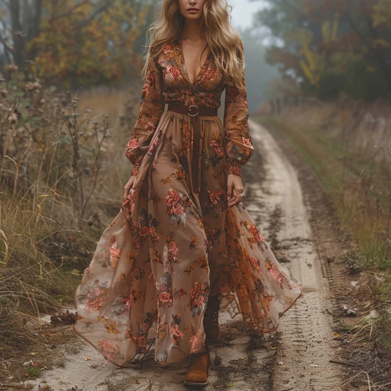 

New Hot Vintage StyleVFloral Print Women's Long Sleeve Long Dress Country Style Printed Large Hem Dress