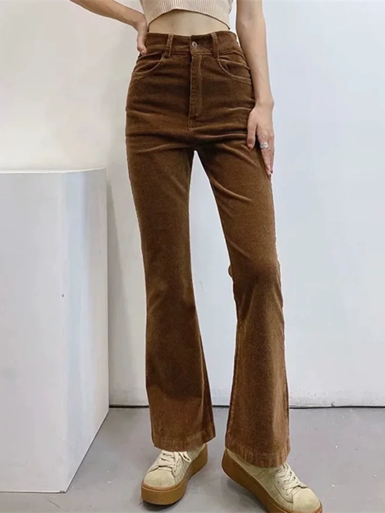 กางเกงขายาวทรงบูทคัทเอวสูงผ้าลูกฟูกสไตล์วินเทจสำหรับผู้หญิง กางเกงลำลองทรงขากว้างตรงสไตล์เกาหลีแฟชั่น