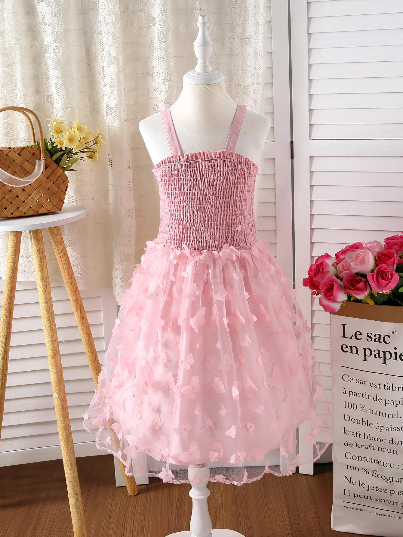 Summer Girls' Pink Princess Dress Three-Dimensional Butterfly Mesh Suspender Dress Fashionable Sweet And Cute Dress