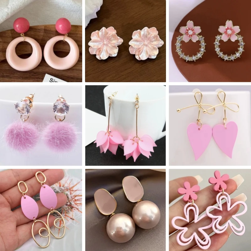 Pink Color Dangle Earrings for Women Korean Fashion Flower Long Hanging Earrings Butterfly Heart Pendants Twist Drop Earrings