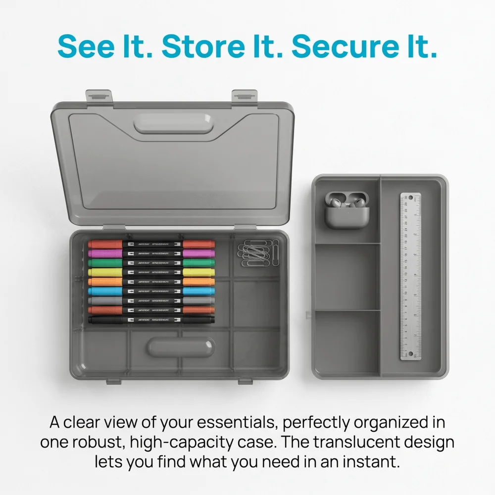Large Capacity Double-Layer Stationery Box, Pen Pencil Holder Organizer for Desk Art Supplies, Portable Plastic Storage Case