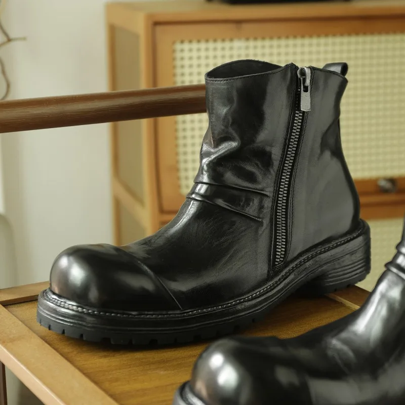 Męskie buty Chelsea w stylu retro z brytyjskiej skóry naturalnej, ręcznie robione, codzienne, motocyklowe, robocze, botki na grubej podeszwie, czarne, brązowe.