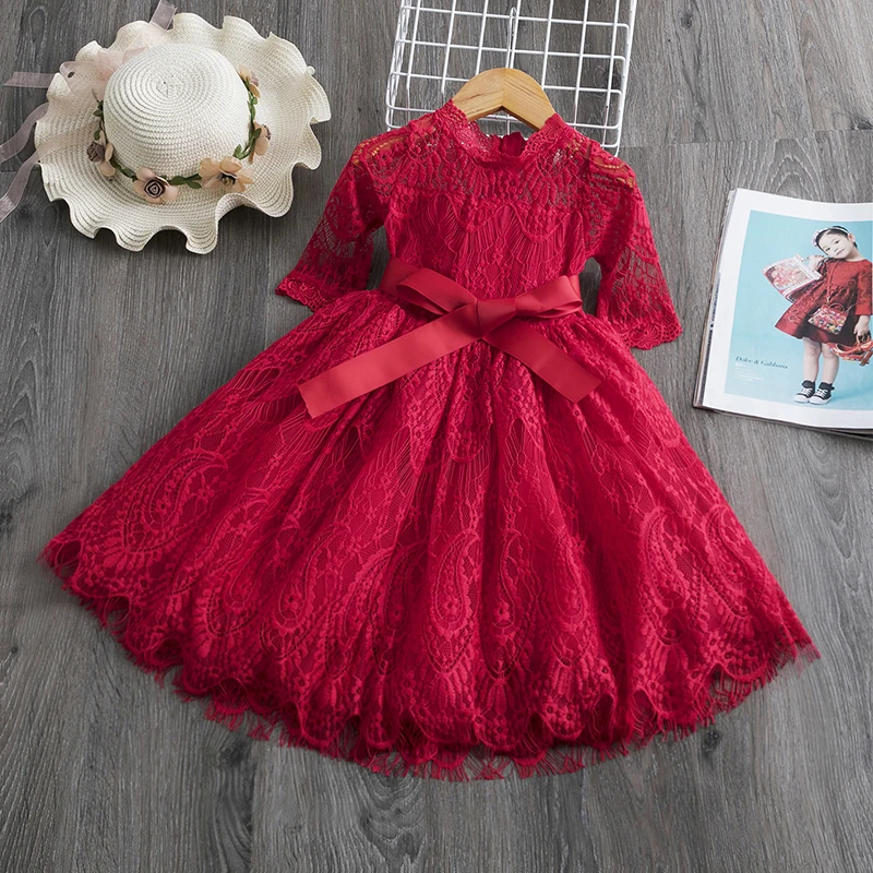 Red Lace Christmas Dress Girls Clothes Kids Dresses for Girls Birthday Party Autumn Winter Embroidery Flower Children Clothing