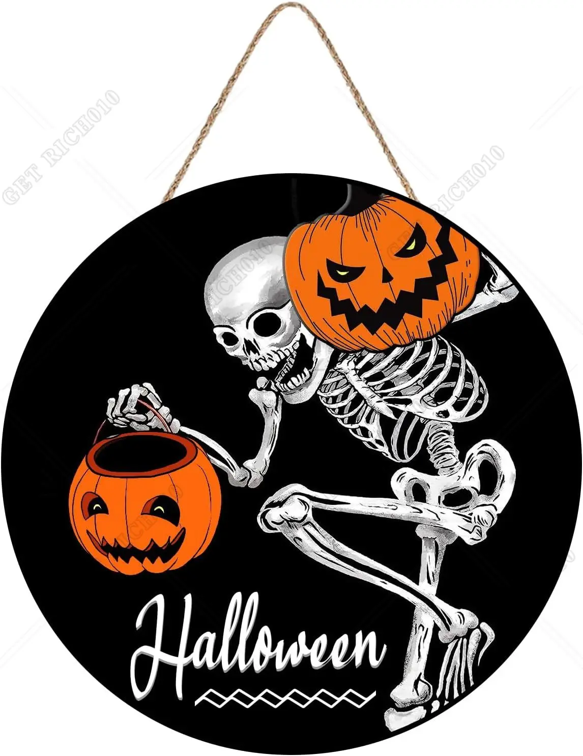 Halloween Skeleton Sign for Front Door Decor, Lantern Skull Wood Door Hanger for Outdoor Outside Porch, Funny Wooden 12in