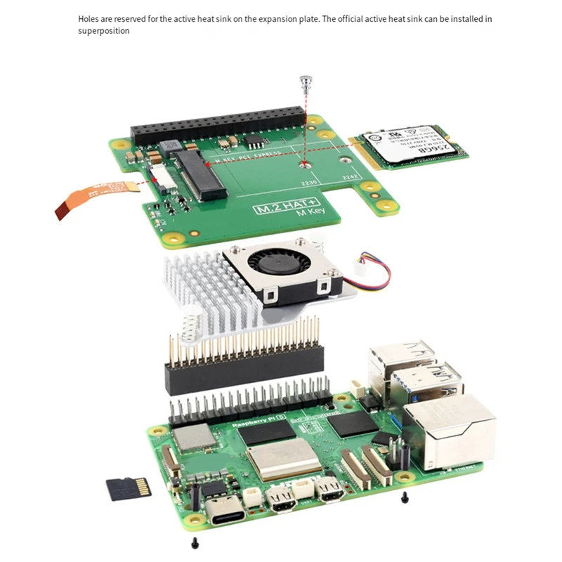 For L Raspberry Pi 5 M.2 HAT+ Gen2 Gen3 NVME M.2 SSD 2230/2242 Size Solid State Drive Support Active Cooler