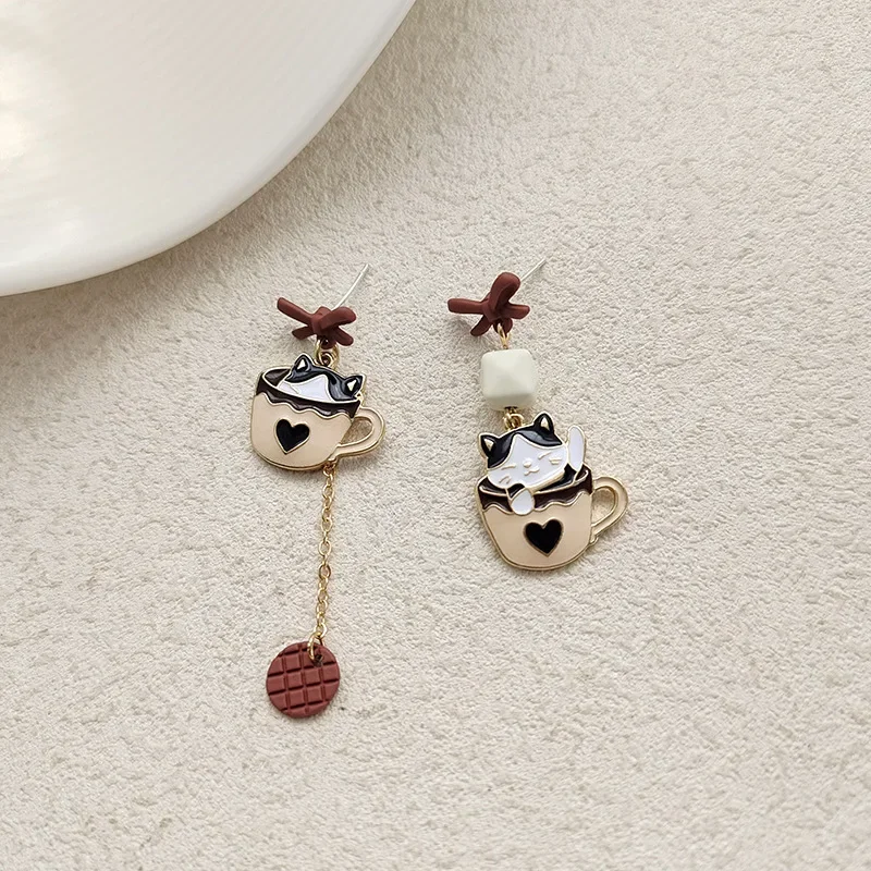 S925 Needle Cute Teacup Kitten Earrings for Women Girls Long Tassel Asymmetrical Enamel Cartoon Cat In The Coffee Cup Earrings