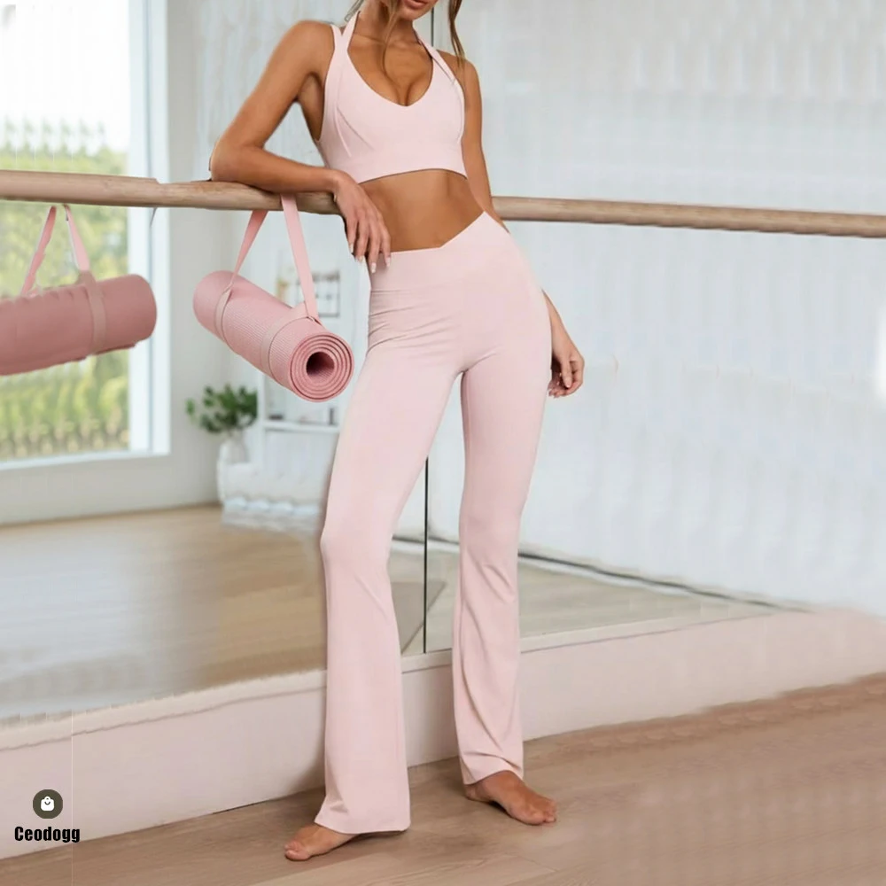 

2PCS Pocket High Impact Women Yoga Set Camisole Halter Nude Sports Bra Gym Workout Flare Pants XP40 Fitness Legging ActiveWear