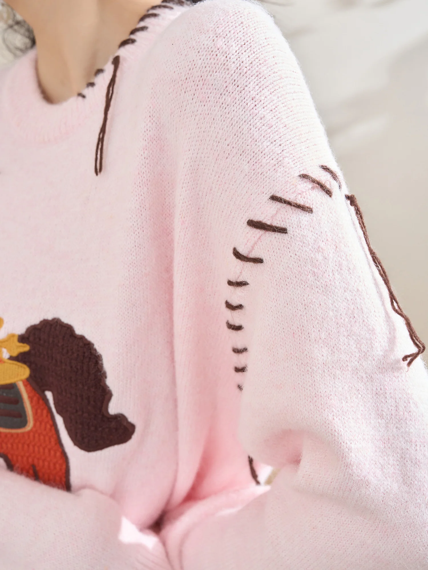 

Pink Knitted Sweater Women's Loose Fit Casual Sle Long Sve round Ne Warm Casual Faion Flowing Era Pattern Design