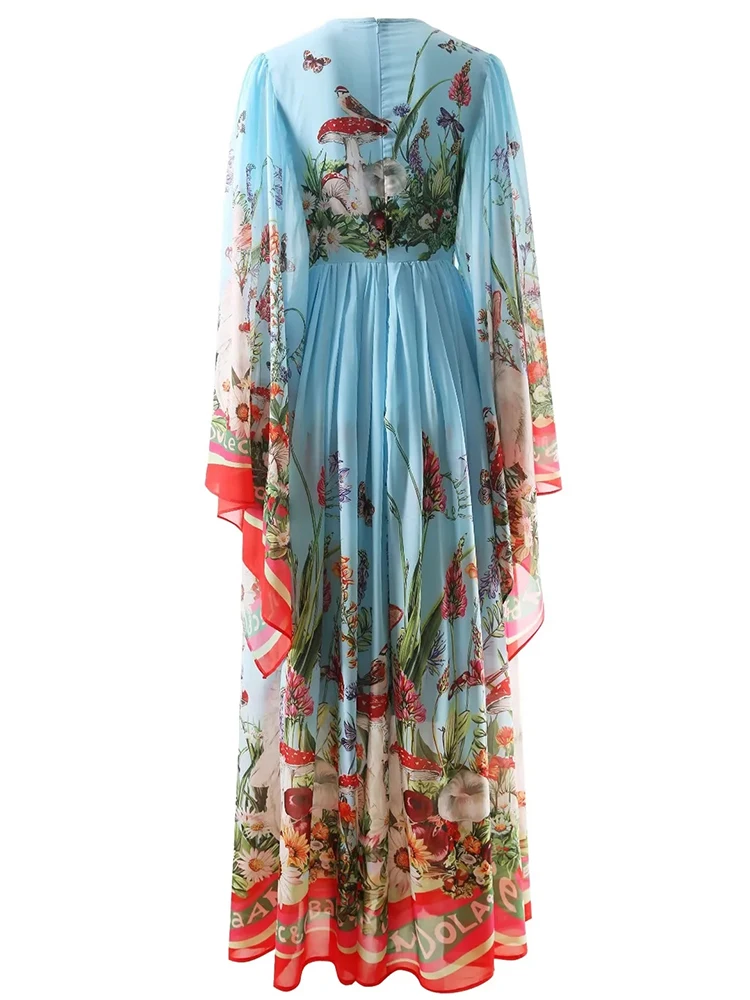 Bohemian Floor Length Dress for Women, Maxi Dress, Flare Sleeve, Flower Print, Elegant, Maxi, O-Neck, Runway, Luxury, Summer