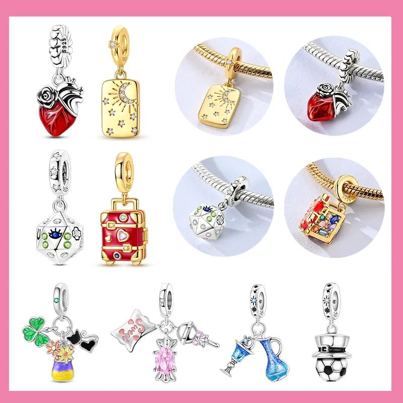 925 Sterling Silver Red Rose Heart Suitcase Oil Painting Vase Charms Beads Pendant for Original Bracelet Woman Girl Jewelry