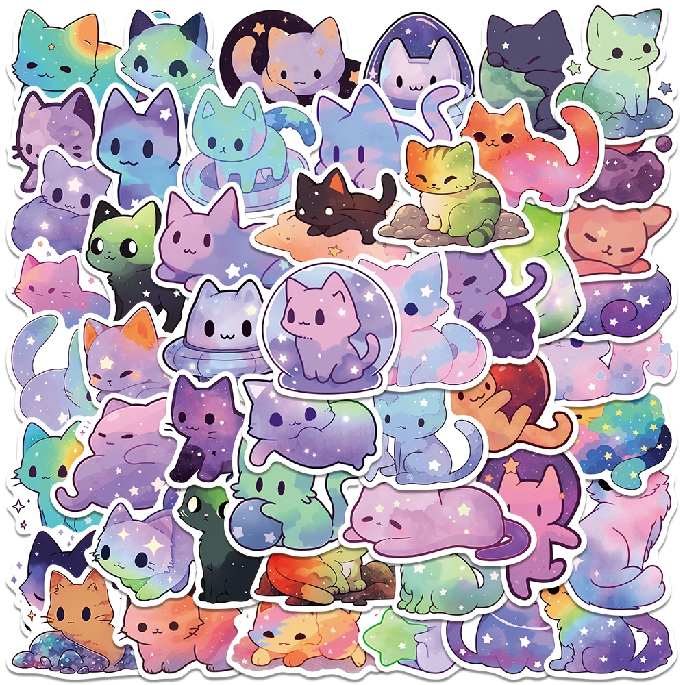 Pegatinas Kawaii de dibujos animados para ordenador portátil, calcomanías con diseño de gatos y cielo estrellado, para botella de agua, equipaje,