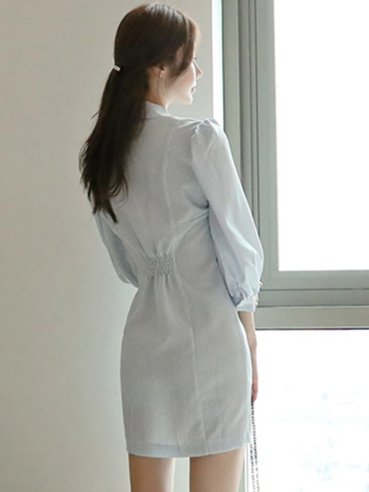 Damesmode elegante zoete shirtjurk casual polokraag bubble mouw zakken korte jurk dame streetwear vestido dagelijks gebruik