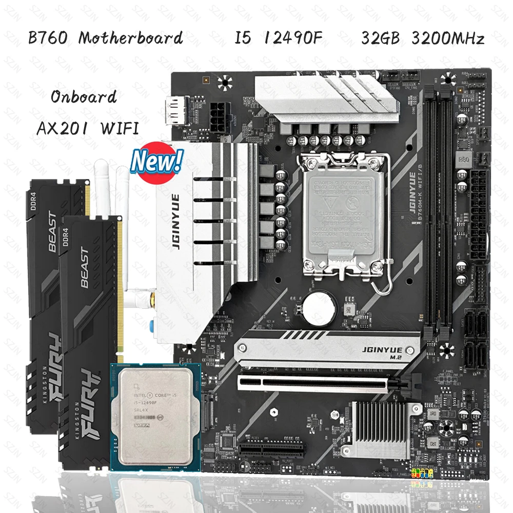 JGINYUE B760M Motherboard Set with I5 12490F DDR4 32GB 3200MHz Onboard AX201 WIFI Support M.2 NVME Gaming Motherboard Combo