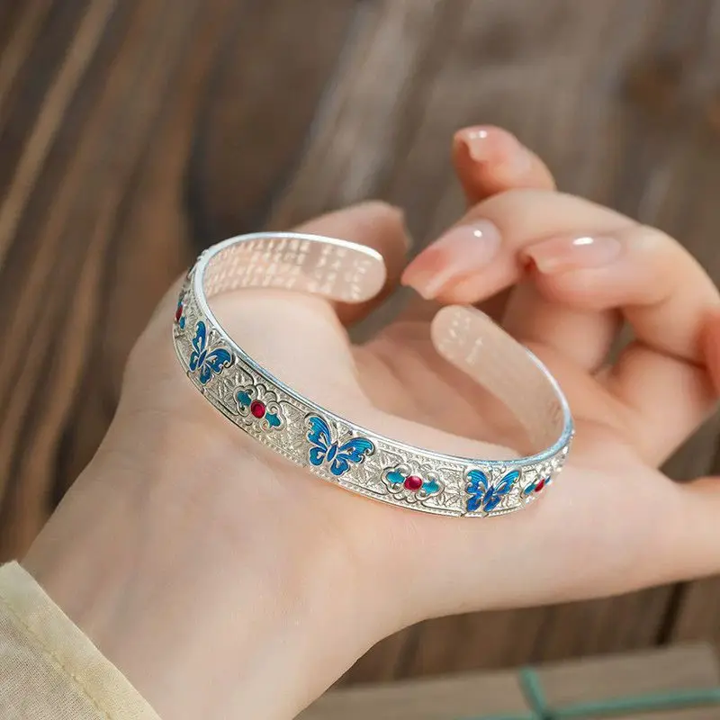 Vintage Silver Flat Disc Burned Blue Enamel Bangle - Butterfly & Heart Sutra Design Trendy Neo-Chinese Jewelry Gift for Her