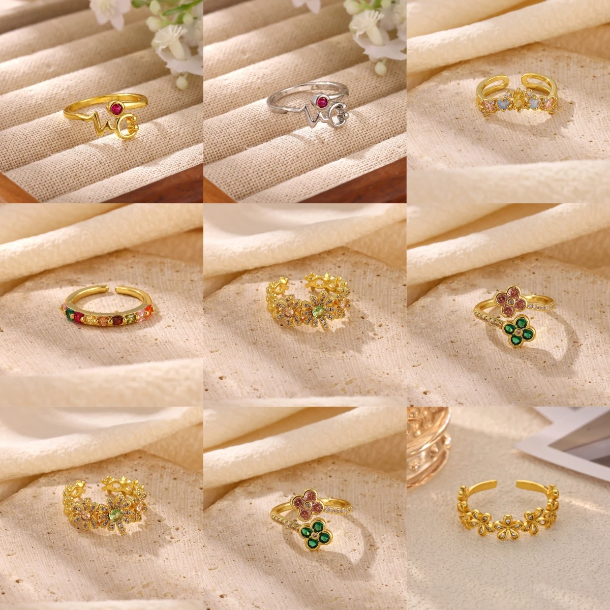 Goldfarbener Blumen-Offenring für Damen, mit klaren Zirkonia-Blüten, verstellbarer Manschettenring, zarter, ästhetischer Schmuck, Geschenk – Detail 1