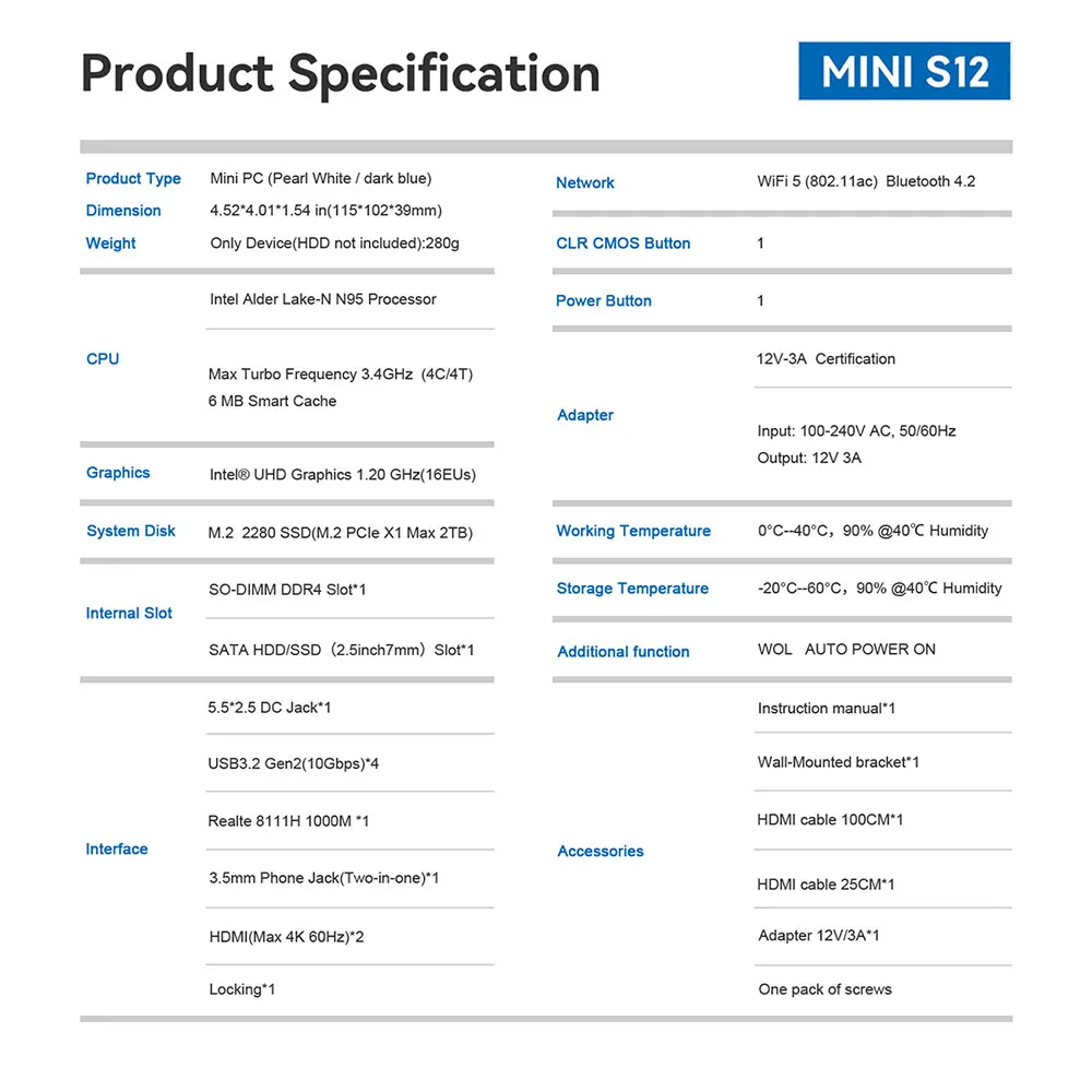 كمبيوتر صغير من بيلينك ، S12 Intel 95 ، S12 Pro ، N100 ، 8G ، 16G ، dddr4 ، MHz ، mi G ، Gaming ، SSD ، Wifi5 ، WiFi 6 ، USB ، Gen2 ، LAN ، M ، 4K HDMI