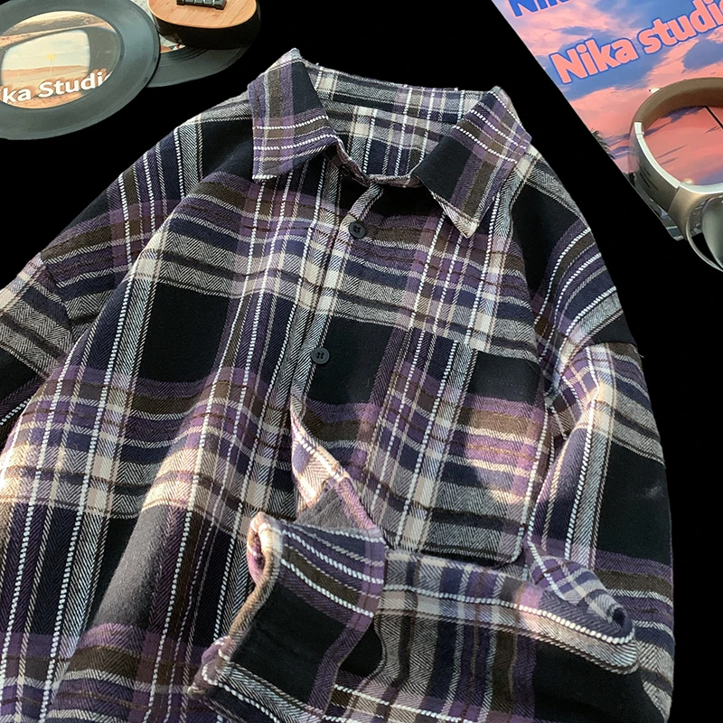 2024 Autumn Oversized Plaid Shirt Retro Long Sleeve Single-breasted Cardigan Loose Fit Turn-down Collar Shirt Men Women Blouse