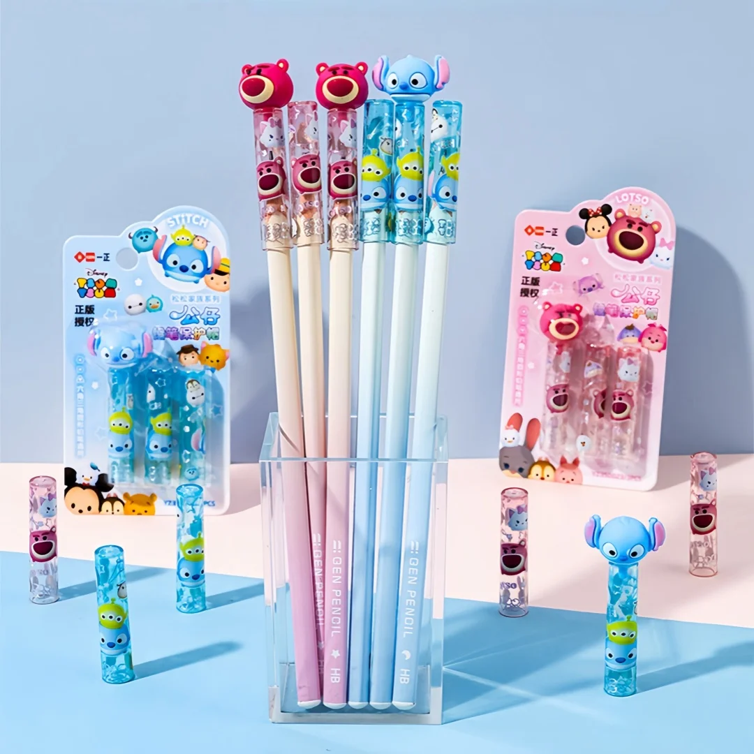 3Pc Disney 3D Doll Pencil Cap Strawberry Bear Stitch Cartoon Pen Tip Protector Student Pencil Extender Stationery