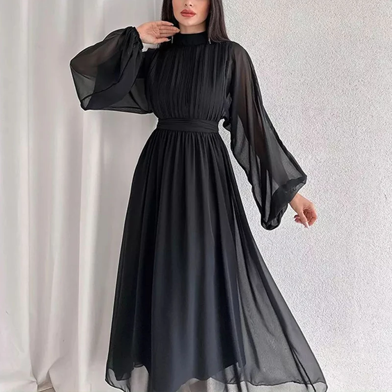 Fashion Half High Collar Mesh Maxi Dress 2024 Women Solid Pleated Bridesmaid Dress New Spring Elegant Long Sleeved Waist Dresses